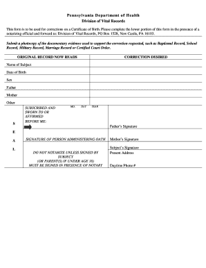 Pennsylvania Birth Certificate Correction Form