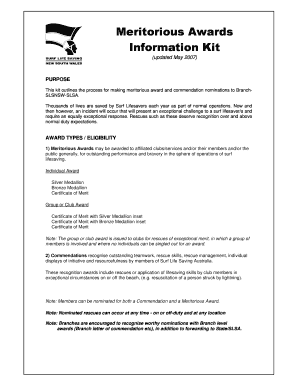 Fillable Online Meritorious Awards Information Kit - Surf Life Saving NSW Fax Email Print ...