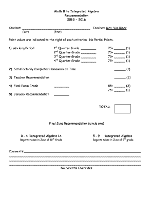 Recommendation Form - Van Ripers Math Class