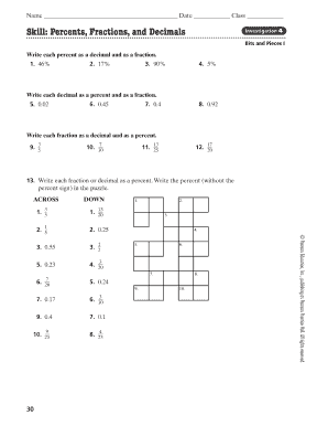 Math Worksheet: Percents, Fractions, and Decimals