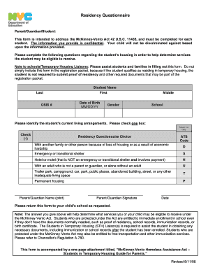 Residency Questionnaire for McKinney-Vento Act