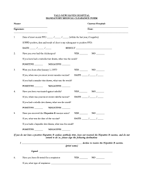Yale-New Haven Hospital Mandatory Medical Clearance Form