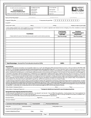 HDFC Life Fund Switch and Redirection Form