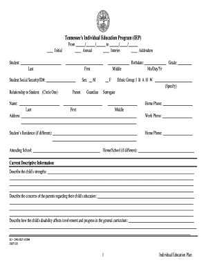Tennessee Individual Education Program (IEP) Form