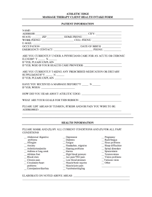 Massage Therapy Client Health Intake Form