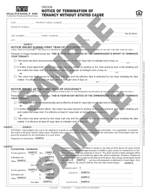 Oregon Notice of Termination of Tenancy Without Stated Cause