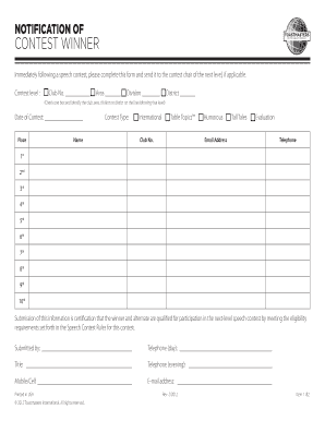 Toastmasters Contest Winner Notification Form