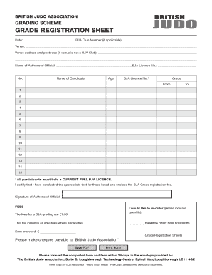 British Judo Association Grading Scheme Registration Sheet