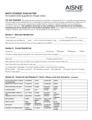 Math Student Evaluation Form