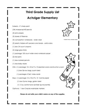 Wide ruled paper printable - Third Grade Supply List Achziger Elementary - 65 120 152