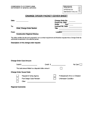 Pennsylvania Change Order Packet Cover Sheet