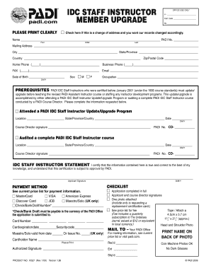 PADI IDC Staff Instructor Upgrade Form