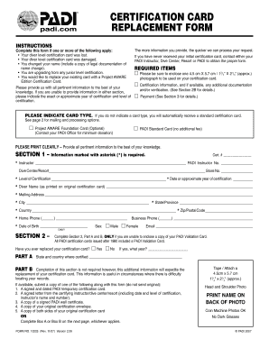 PADI Certification Card Replacement Form