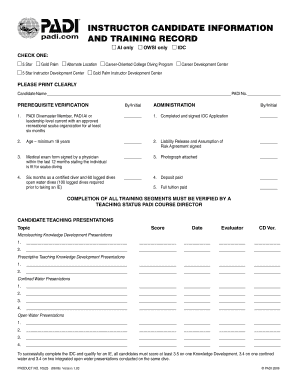 PADI Instructor Development Course Form