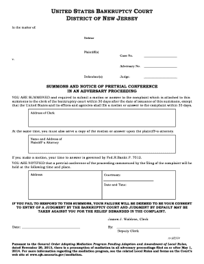 US Bankruptcy Court Summons and Notice