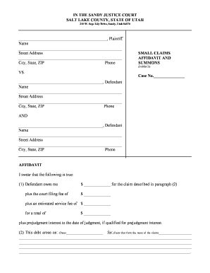 Utah Small Claims Affidavit and Summons