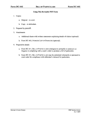 Virginia Bill of Particulars Form DC-441