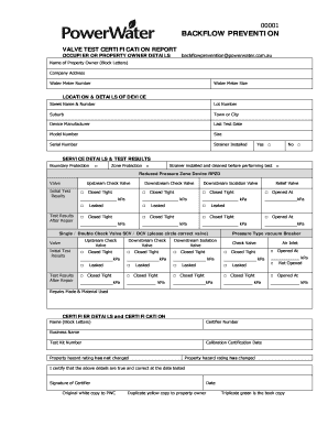 Backflow Prevention Valve Test Certification Report