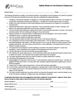 Science Classroom Safety Rules Agreement