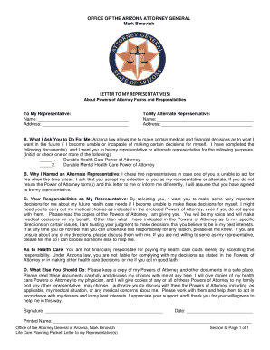 Arizona Power of Attorney Letter to Representative