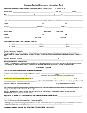 Crusader Football Emergency Information Card