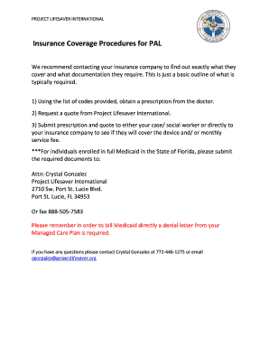 Project Lifesaver PAL Insurance Coverage Form