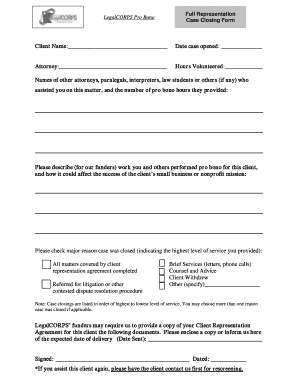 LegalCORPS Pro Bono Case Closing Form
