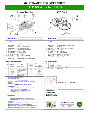 Lawn Tractor Maintenance Reminder Sheet