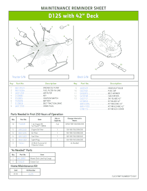Maintenance Reminder Sheet for D125 Tractor
