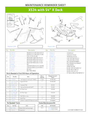 Maintenance Reminder Sheet for X534 Tractor