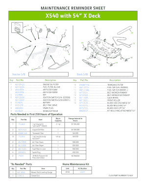Maintenance Reminder Sheet for X540 Tractor