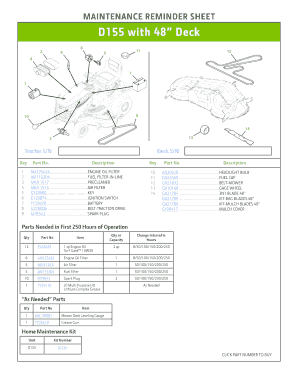 Maintenance Reminder Sheet for D155 Tractor