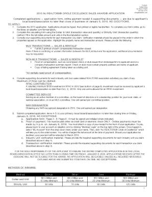 2015 NJ REALTORS® Circle of Excellence Sales Award Application