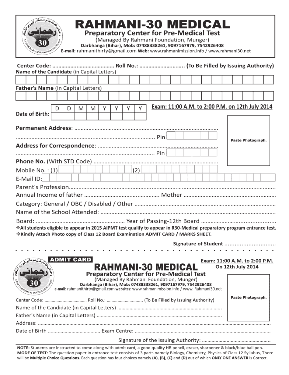 Rahmani 30 Medical Admission Form