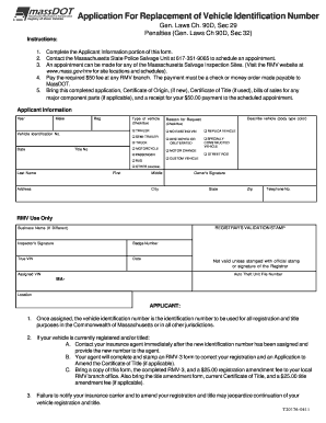 Massachusetts Vehicle Identification Number Replacement Application