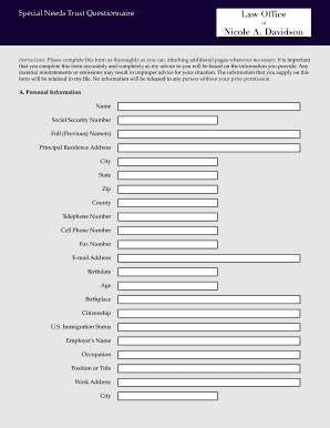 Special Needs Trust Questionnaire