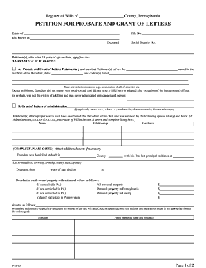 Pennsylvania Petition for Probate and Grant of Letters