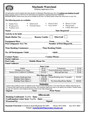 Maylands Waterland Booking Application Form