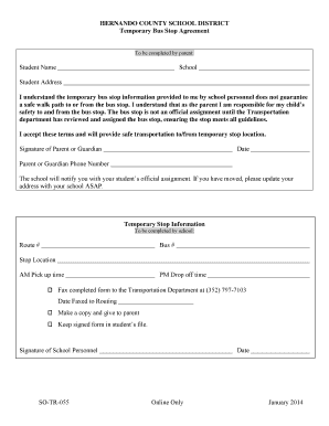 Hernando County School District Temporary Bus Stop Agreement