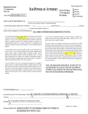 US Customs Service Sub-Power of Attorney