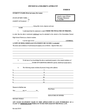 Mortgage deed sample - Form B Owners Landlords Affidavit - sewanhaka k12 ny