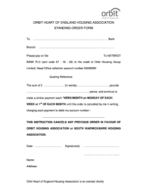 Orbit Housing Standing Order Form