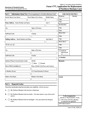 USCIS Form I-777 Application for Replacement Northern Mariana Card