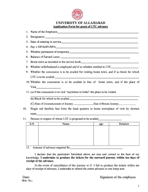 University of Allahabad LTC Advance Application