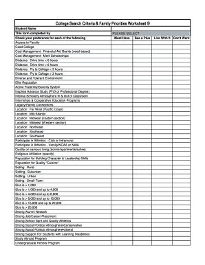 College Search Criteria Worksheet