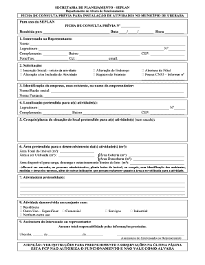 FICHA DE CONSULTA PRÉVIA PARA INSTALAÇÃO DE ATIVIDADES