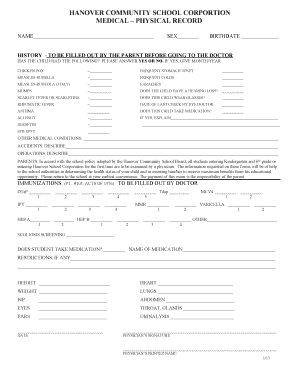 Hanover School Medical Physical Record