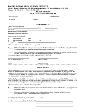 Daniel Boone Area School District Medication Authorization Form