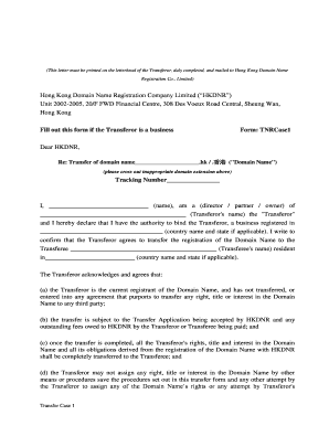This letter must be printed on the letterhead of the Transferor duly completed and mailed to Hong Kong Domain Name Registration Co - hkdnr