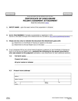 Arizona Certificate of Disclosure Felony/Judgment Attachment